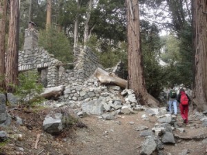 Hikers head north on the 4.4-mile Icehouse Canyon Trail past ruins of a stone cabin from the early days of the Angeles National Forest.