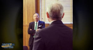 Santa Clarita resident Jerry McCarty, COO of SMTCL, left, expresses concern about outreach to Rob Lapseley of the California Business Roundtable.