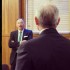 Santa Clarita resident Jerry McCarty, COO of SMTCL, left, expresses concern about outreach to Rob Lapseley of the California Business Roundtable.
