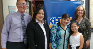 From left: KHTS AM-1220 co-owner Carl Goldman; California Credit Union Assistant Branch Manager Edvie Villanos; Katherine's mother, Omayra Oliveras; fourth grader Katherine Olveras; and Mint Canyon Principal Veronica Andrus.