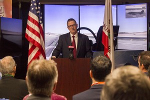 Congressman Steve Knight, R- Santa Clarita, soared through a virtual sky in an F-35 Lightning II fighter simulator Thursday in Valencia.