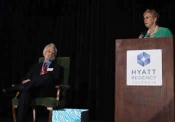 Sue Endress addresses the nearly sold-out crowd at the 2015 SCV Man and Woman of the Year Recognition Dinner. Photo by Michele E. Buttelman.