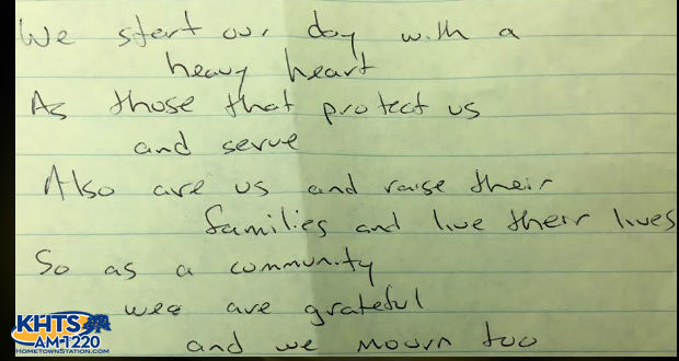 A Santa Clarita resident submitted the following note to the Sheriff's Station the morning after 5 police officers were killed