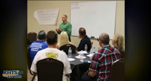 Bob Sharits addresses the room in Thursdays discussion on addiction and treatment.