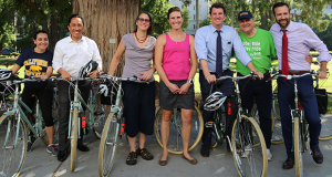 Senator Henry Stern, a coalition of bike-sharing advocates and elected officials rode bikes together Monday afternoon in Sacramento to advocate for SB 702.