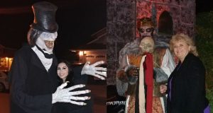 Domestic Violence Center victim advocate and child care specialist Julia Rodriguez, left, and DVC governing board President Suzanne Duncombe enjoy "Beyond the Dark Realm" with a couple of the volunteers who entertained and scared guests waiting in line at the Saugus haunt.