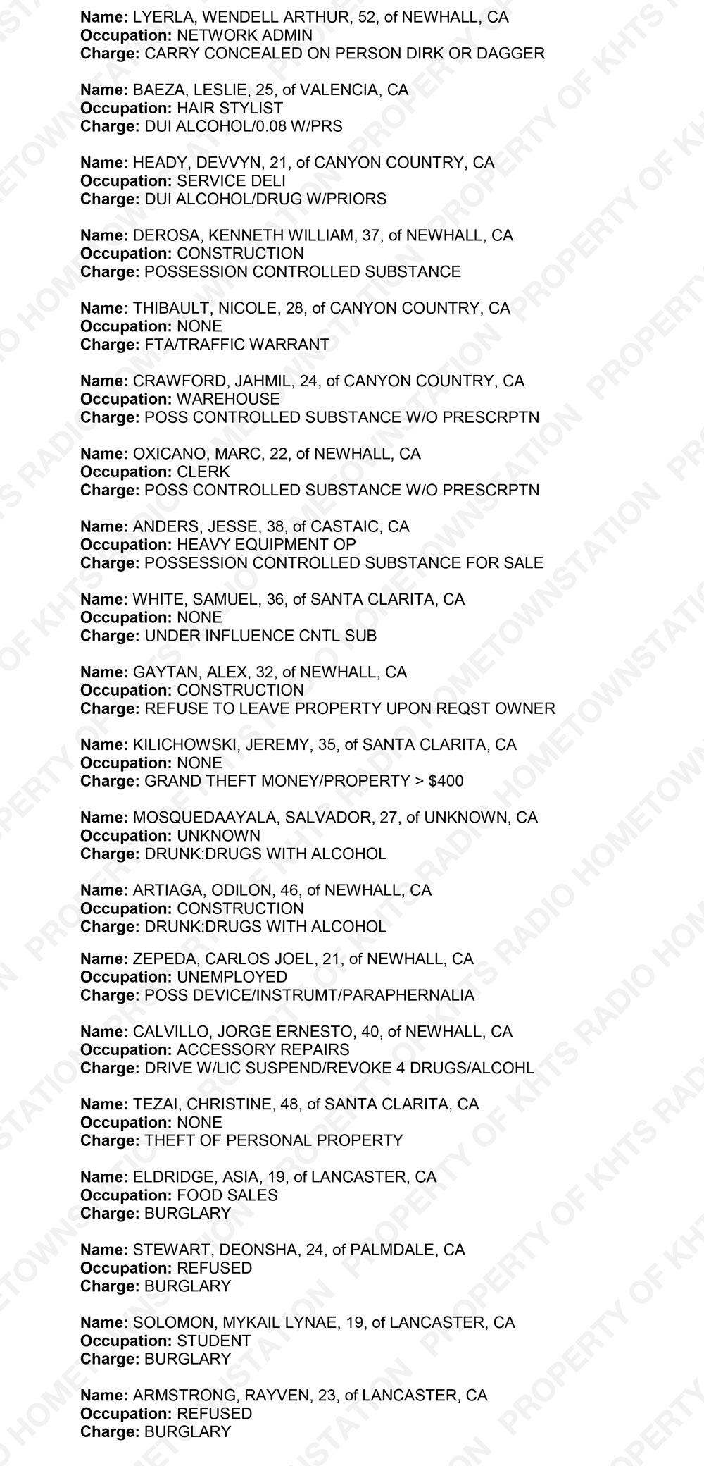 KHTS Santa Clarita Crime Report - Sheriff_2018-01-02