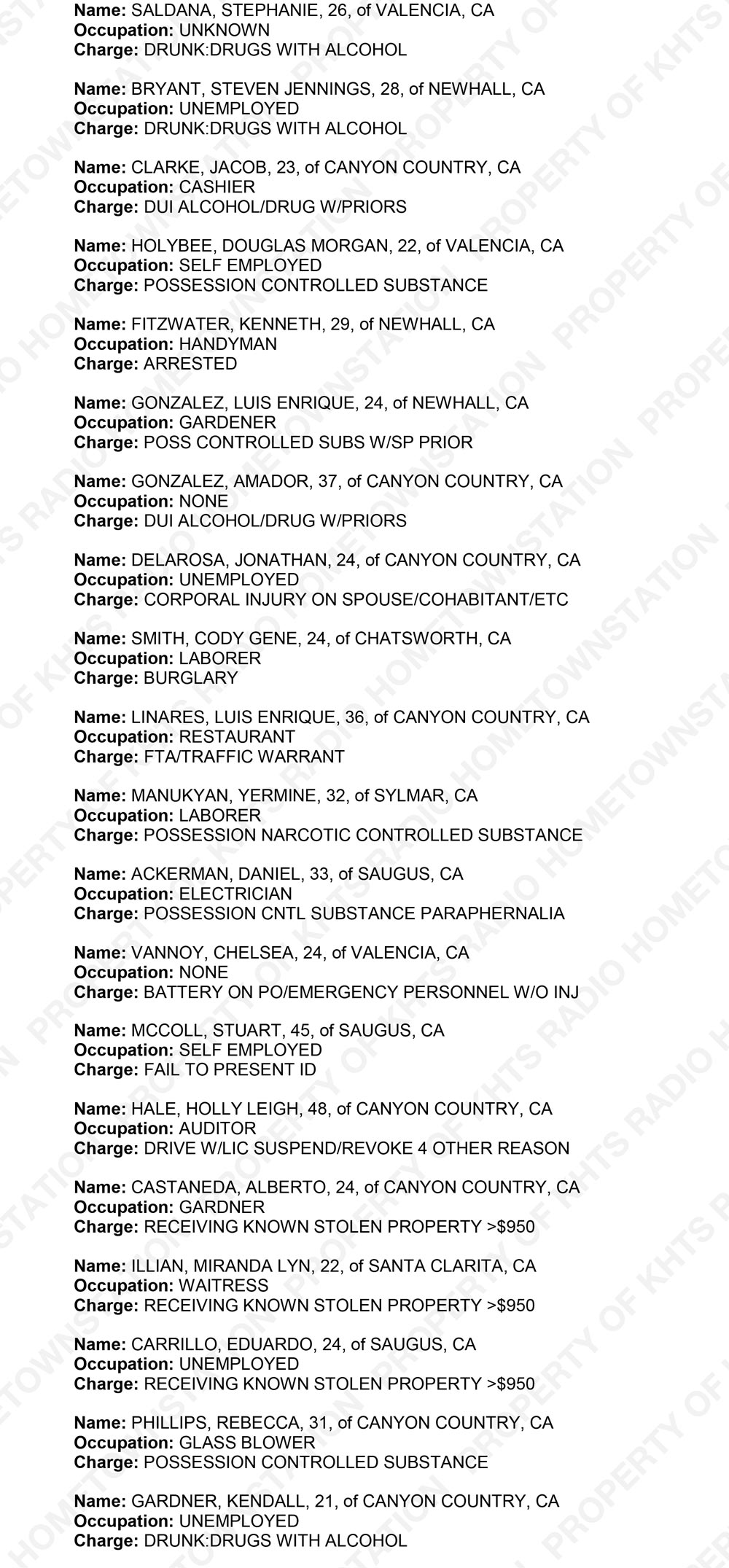 KHTS Santa Clarita Crime Report - Sheriff_2018-01-03