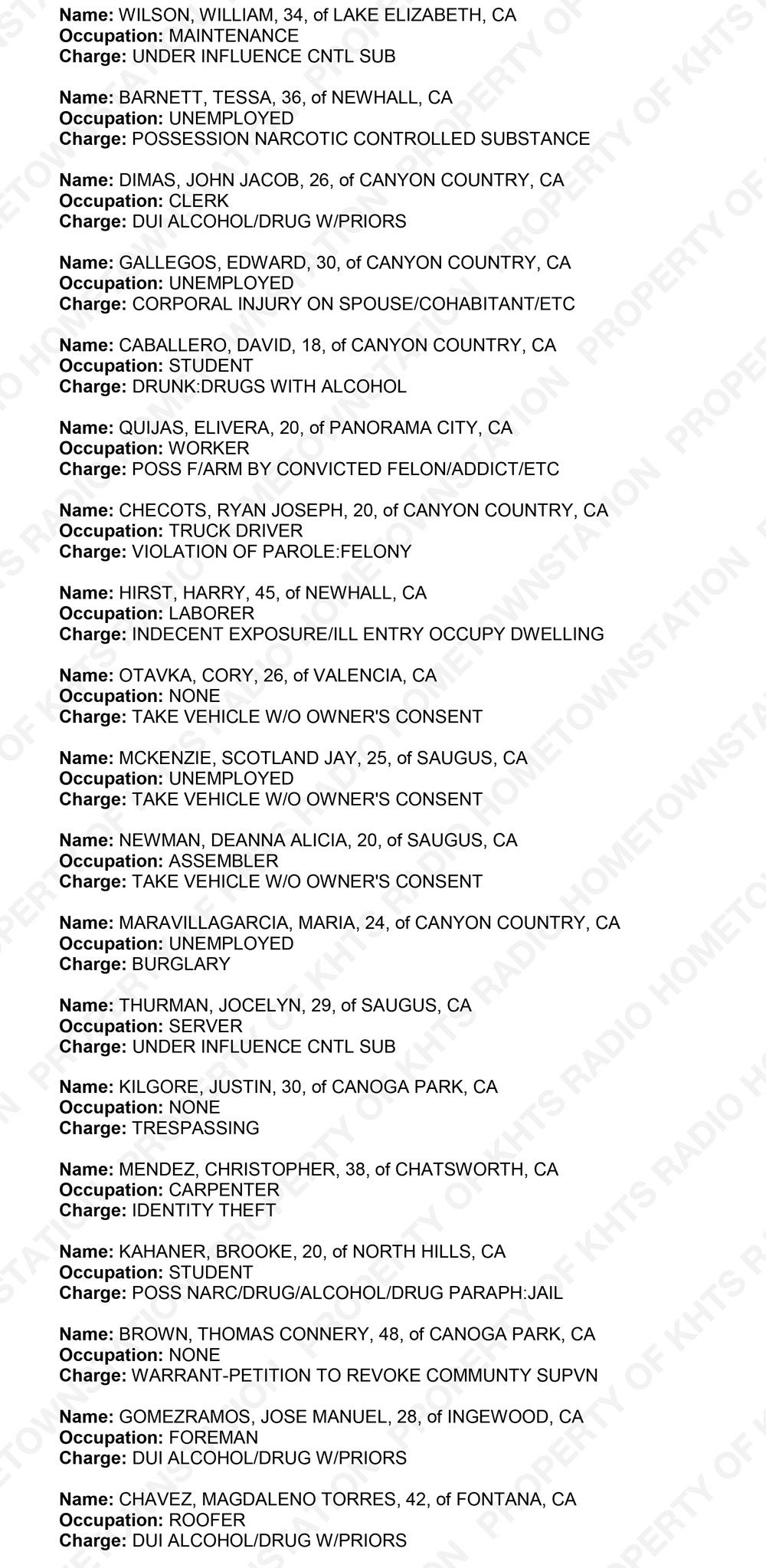 KHTS Santa Clarita Crime Report - Sheriff_2018-01-06