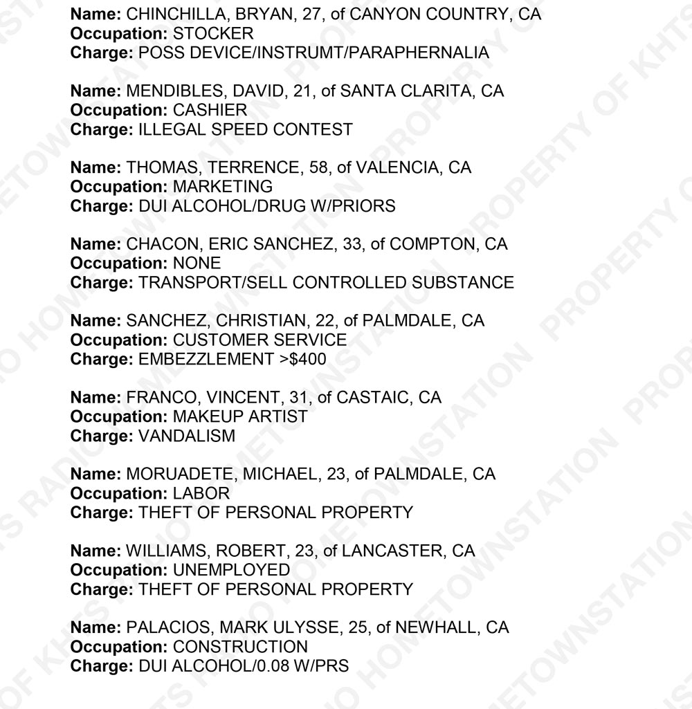 KHTS Santa Clarita Crime Report - Sheriff_2018-01-09
