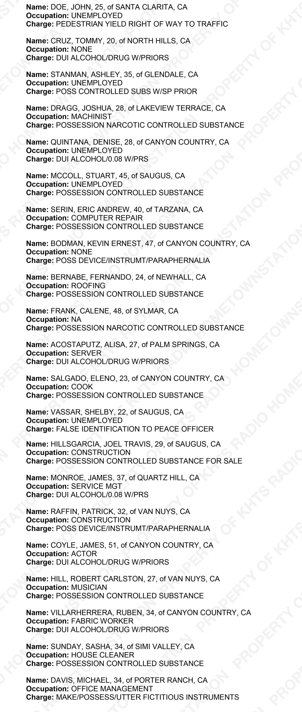 KHTS Santa Clarita Crime Report - Sheriff_2018-01-11