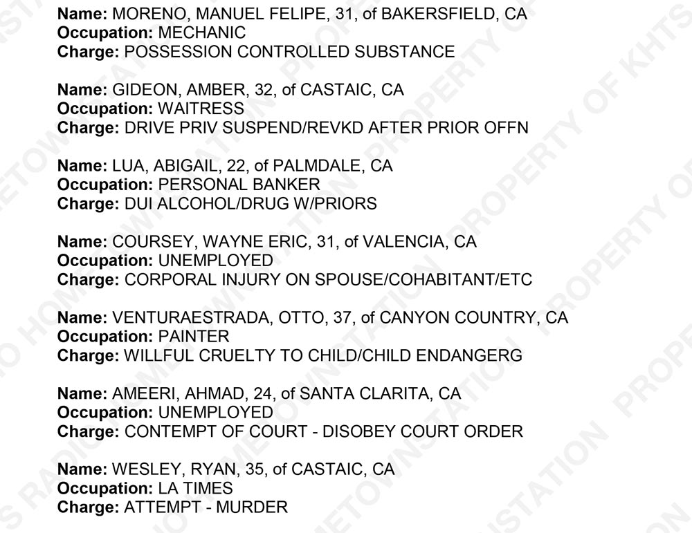 Santa Clarita Arrests, Santa Clarita bookings, santa clarita crime 01/19/2018