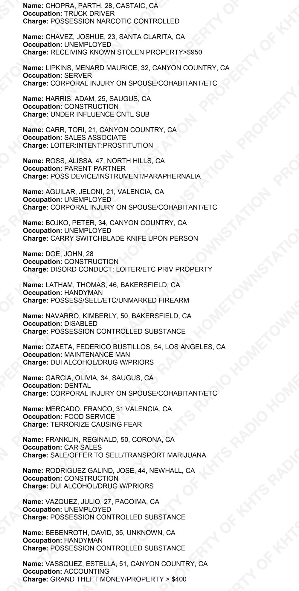 santa clarita bookings, santa clarita arrests, santa clarita neighborhood watch for January 24, 2018