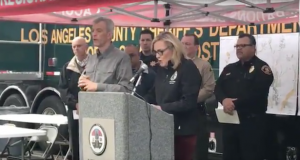 As a large storm brings increased risk for flash floods throughout Santa Clarita and the rest of Southern California, Supervisor Kathryn Barger and the Los Angeles County Fire Department held a press conference to discuss storm conditions, safety and preparedness as well as planned evacuations in the Creek Fire burn areas.