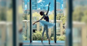 Gianna Juliet, wearing a tutu and pointe shoes, poses in front of a floor-to-ceiling window with the Toronto skyline behind her.