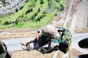 Parachuting out of Black Hawk