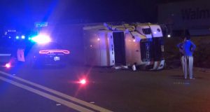 A picture of the overturned truck