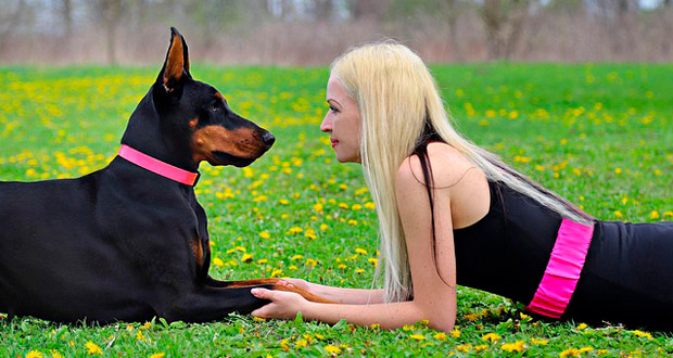Woman with dog at park