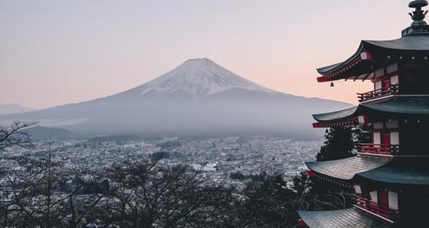 Image of Japan with volcano in distance