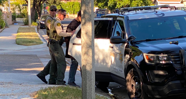 The suspect being escorted into a deputy's vehicle.