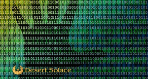 Desert Solace logo on background with a silhouette of a hand on ones and zeroes