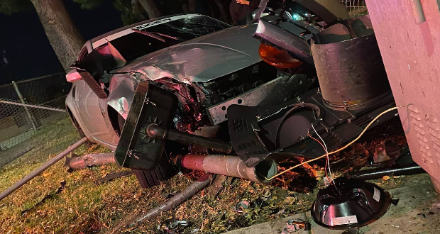Solo Vehicle Car Crash Knocks Down Traffic Light Pole