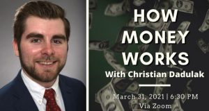 Photo of Christian Dadulak next to How Money Works for JCI event