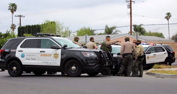deputies standing together with multiple vehicles, one deputy is pointing off to the right while the others listen