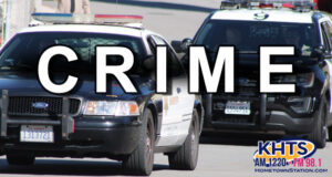 crime arrest -- two Sheriff vehicles driving to the left. Overlaid "Crime" written in white capital letters with a KHTS Logo