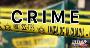 Halloween crime arrest -- Sheriff's crime tape with a body screen in background. Overlaid "Crime" written in black and white capital letters with a KHTS Logo