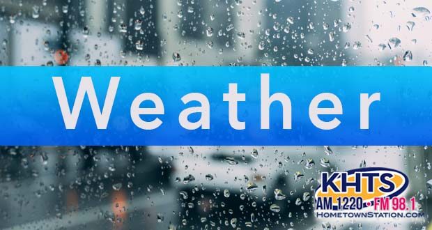 Water droplets on a windshield. Overlaid "weather " written in white capital letters with a KHTS Logo -- weather rain