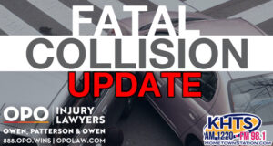 Two-car collision at an intersection. "Fatal Collision Update" overlaid in white and red capital letters with the KHTS and OPO logo -- fatal crash traffic collision identified