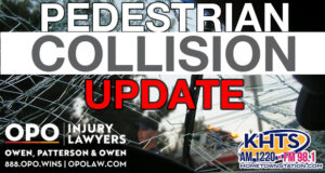 Looking out of a shattered windshield. "Pedestrian Collision UPDATE" overlaid in white and Red capital letters with the KHTS and OPO logo -- pedestrian struck crash traffic collision