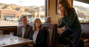Santa Clarita woman hesitating at restaurant booth while dining with friends.