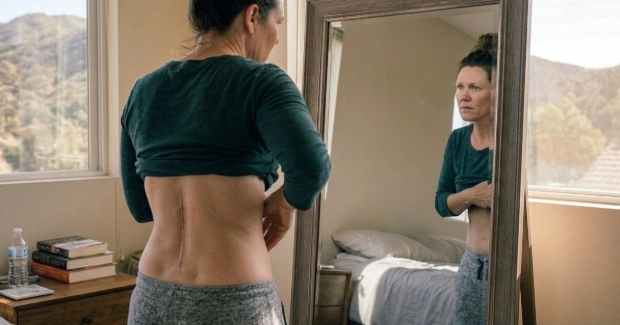IMAGE ALT TEXT: Santa Clarita woman with recurring pain looking at her back surgery scar in the mirror.